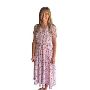 Talbots Floral Pink Lined Dress. Buttons and Zipper. Removable Sash.